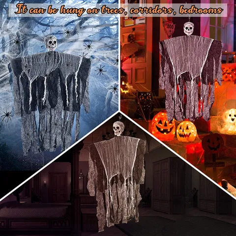 Halloween Skeleton Hanging Ghost Decoration Set With Spider Web And Spiders Scary Haunted House Party Scene Layout Prop