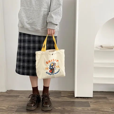 Women Polyester Corduroy Tote Bag Cute Cartoon Embroidery Handbag Large Capacity Casual Bento Bag Daily Shopping
