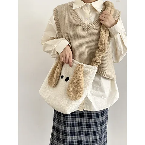 Cute Puppy Design Faux Shearling Shoulder Bag Women Winter Fluffy Crossbody Bag Large Capacity Tote Casual Plush Purse
