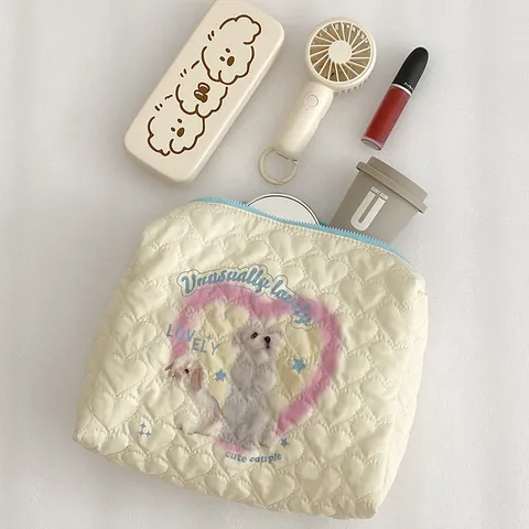 Quilted Cosmetic Bag Cute Puppy Cat Print Large Capacity Travel Toiletry Pouch Portable Makeup Organizer Bag For Women