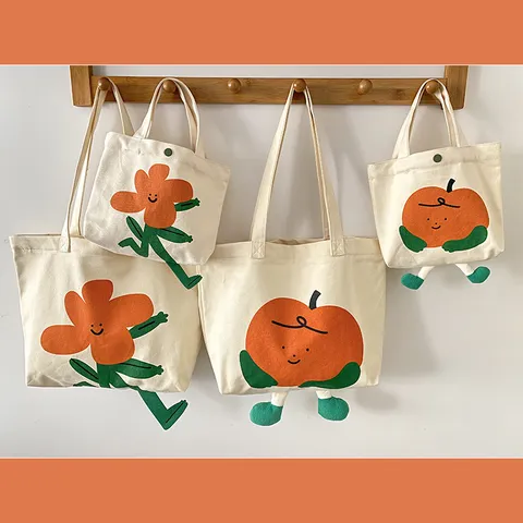 Women Large Capacity Canvas Tote Bag Cute Cartoon Flower Print Shoulder Bag Casual Student Commuter Handbag