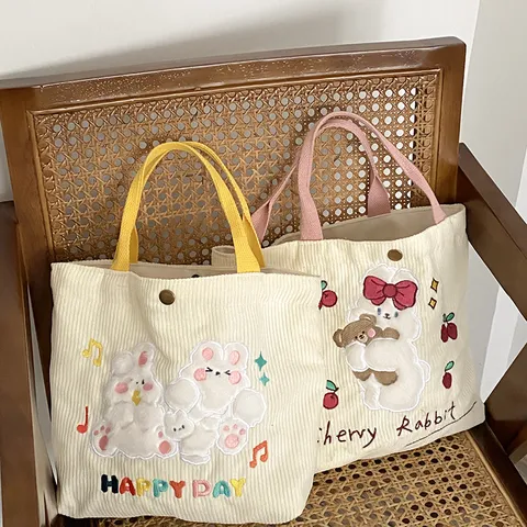 Cute Cartoon Rabbit Embroidery Corduroy Tote Bag For Women Soft Plush Casual Handbag With Top Handle