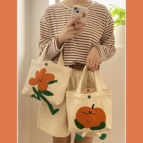Women Large Capacity Canvas Tote Bag Cute Cartoon Flower Print Shoulder Bag Casual Student Commuter Handbag