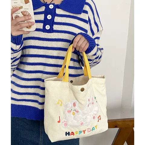 Cute Cartoon Rabbit Embroidery Corduroy Tote Bag For Women Soft Plush Casual Handbag With Top Handle