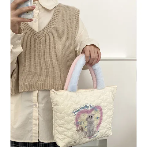 Women Quilted Tote Bag Cute Puppy Print Heart Pattern Handbag Casual Soft Polyester Top Handle Bag Daily Purse