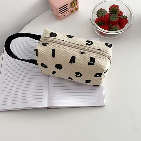Canvas Letter Print Cosmetic Bag Casual Zipper Pouch Multifunctional Storage Bag Portable Handbag For Women Daily Use