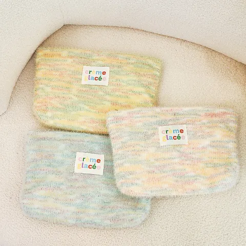 Women Fashion Knitted Plush Makeup Bag Portable Cosmetic Pouch Striped Clutch Purse Storage Bag Travel Toiletry Bag
