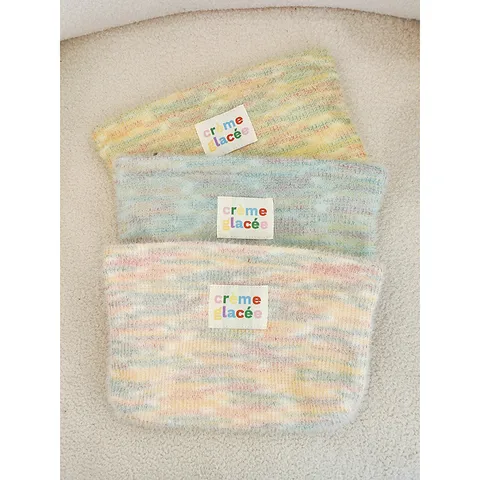 Women Fashion Knitted Plush Makeup Bag Portable Cosmetic Pouch Striped Clutch Purse Storage Bag Travel Toiletry Bag
