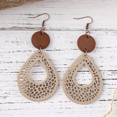 Pendientes Colgantes de Cuero Estilo Bohemio para Mujer Malla Calada Gota de Agua Colgante Pendientes Vintage Joyería de Moda