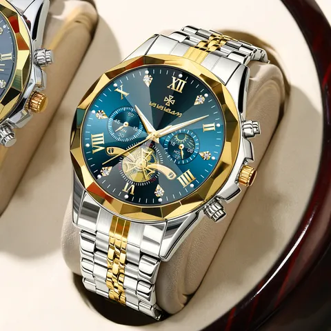 Orologio da Polso da Uomo Business Moda Quarzo Impermeabile Luminoso Multifunzionale Cinturino in Acciaio Sfaccettato Geometrico Rombo