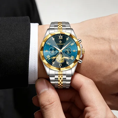 Orologio da Polso da Uomo Business Moda Quarzo Impermeabile Luminoso Multifunzionale Cinturino in Acciaio Sfaccettato Geometrico Rombo