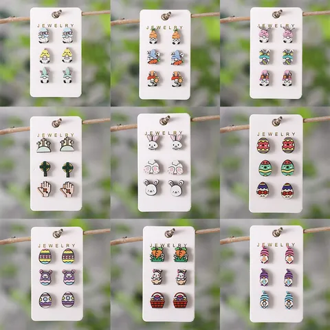 Osterei Hase Zwerg Karotte Kreuz Holz Ohrstecker Set Retro Cartoon Mehrfarbig Tier Ohr Schmuck Set Für Damen Mädchen