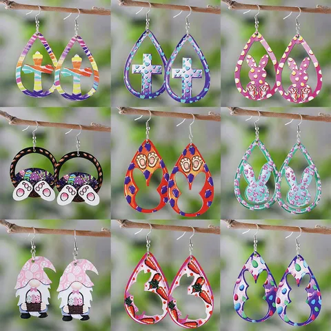 Ostern Holz Ohrhänger Doppelseitig Bedruckt Hohl Hase Ei Zwerg Karotte Kreuz Hängeohrringe Für Damen Feiertag Schmuck