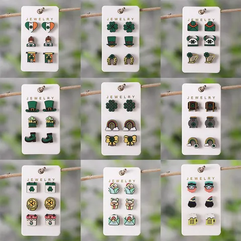 St Patricks Day Grüner Klee Ohrstecker Set Natürliches Holz Blatt Muster Ohrringe Set Festival Feier Party Schmuck Geschenke Für Damen