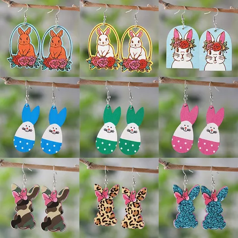 Ostern Süße Punktierte Hase Holz Ohrringe Leopard Tarnung Druck Schleife Blume Ausschnitt Anhänger Ohrringe Für Damen Schmuck