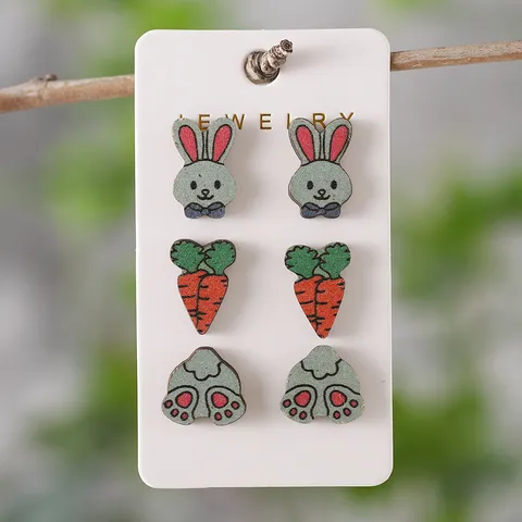 Ostern Holz Ohrstecker Set Leopardenmuster Tarnung Kariert Hase Ei Karotte Zwerge Holzohrringe Für Damen Feiertag Party Schmuck