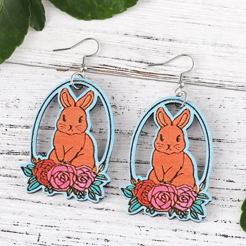 Ostern Süße Punktierte Hase Holz Ohrringe Leopard Tarnung Druck Schleife Blume Ausschnitt Anhänger Ohrringe Für Damen Schmuck