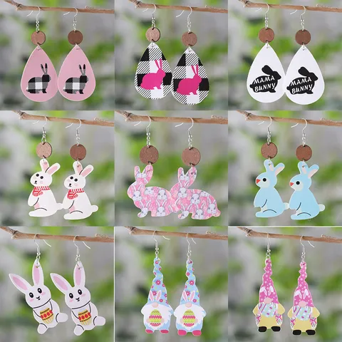Ostern Hase Zwerg Wassertropfen Ohrringe Damen PU-Leder Holz Spleißen Doppelseitig Bedruckt Festlicher Schmuck Geschenk