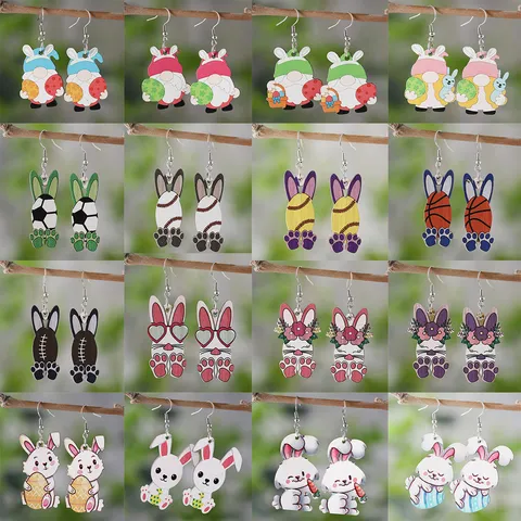 Ostern Holz Ohrringe Mehrfarbig Karikatur Muster Doppelseitig Bedruckt Hase Gnom Sportball Anhänger Ohrringe Feiertag Schmuck Geschenke Für Damen