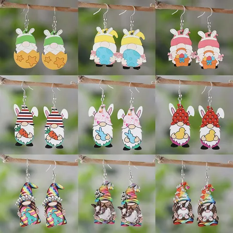 Ostern Gnom Hase Holz Ohrringe Doppelseitig Bedruckt Bunte Kaninchen Anhänger Ohrhänger Für Damen Festlicher Schmuck