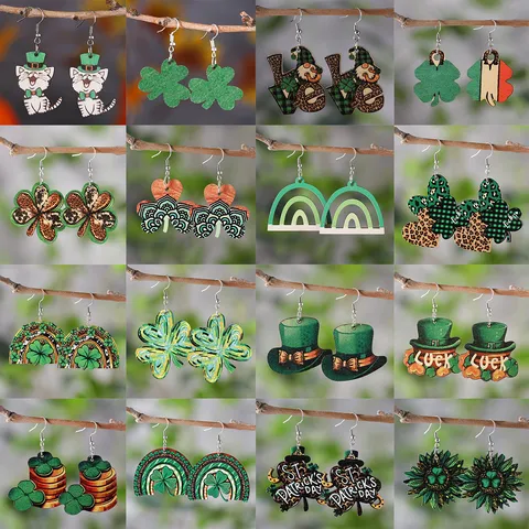 St Patrick's Day Grün Klee Katze Regenbogen Sonnenblume Holz Anhänger Ohrringe Doppelseitig Bedruckt Holz Edelstahl Draht Ohrhaken Feiertag Schmuck Geschenk Für Damen