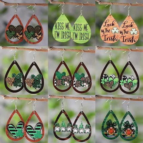 St. Patrick's Day Holz Wassertropfen Ohrringe Grün Kariert Leopard Herz Klee Zwerg Doppelseitig Bedruckte Ohrringe Für Damen