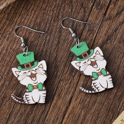 St Patrick's Day Grün Klee Katze Regenbogen Sonnenblume Holz Anhänger Ohrringe Doppelseitig Bedruckt Holz Edelstahl Draht Ohrhaken Feiertag Schmuck Geschenk Für Damen