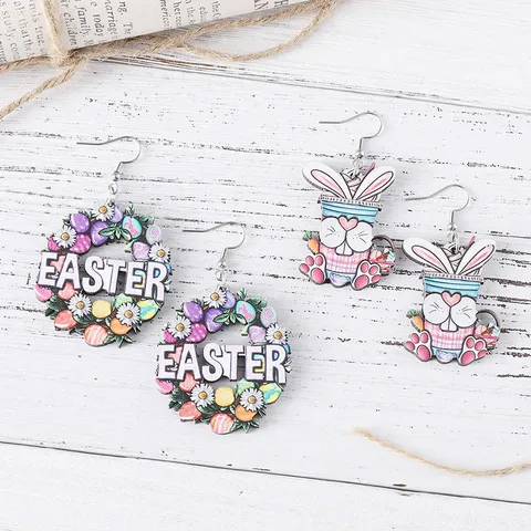 Ostern Holz Hase Zwerg Karotte Ei Herz Kranz Anhänger Ohrringe Doppelseitig Bedruckte Holzohrringe Für Damen Feiertag Schmuck Geschenk