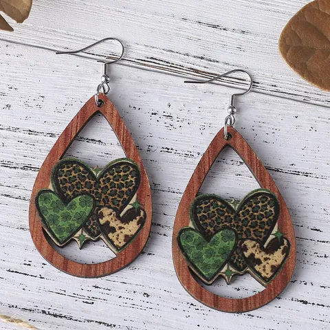 St. Patrick's Day Holz Wassertropfen Ohrringe Grün Kariert Leopard Herz Klee Zwerg Doppelseitig Bedruckte Ohrringe Für Damen