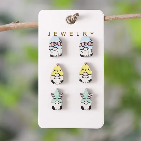Osterei Hase Zwerg Karotte Kreuz Holz Ohrstecker Set Retro Cartoon Mehrfarbig Tier Ohr Schmuck Set Für Damen Mädchen