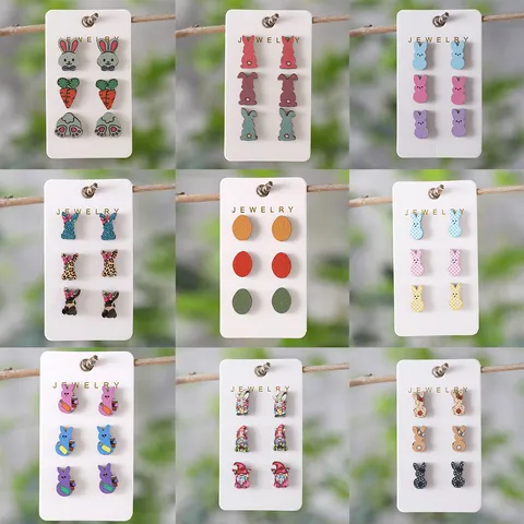 Ostern Holz Ohrstecker Set Leopardenmuster Tarnung Kariert Hase Ei Karotte Zwerge Holzohrringe Für Damen Feiertag Party Schmuck