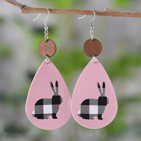 Ostern Hase Zwerg Wassertropfen Ohrringe Damen PU-Leder Holz Spleißen Doppelseitig Bedruckt Festlicher Schmuck Geschenk