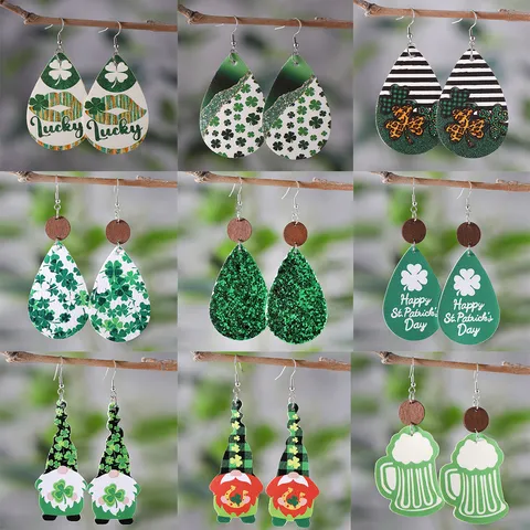 St. Patrick's Day PU-Leder Ohrringe Kleeblatt Gnom Bierkrug Druck Doppelseitig Ohrhänger Damen Party Schmuck