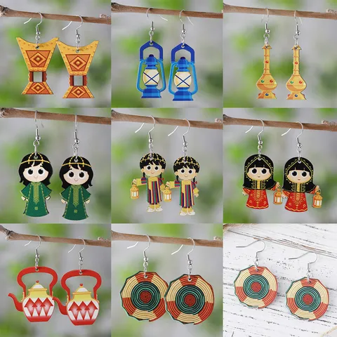 Retro Mädchen Laterne Öl Lampe Abstrakt Vase Spirale Muster Teekanne Anhänger Holz Doppelseitig Ohrringe Für Damen Ethno Schmuck