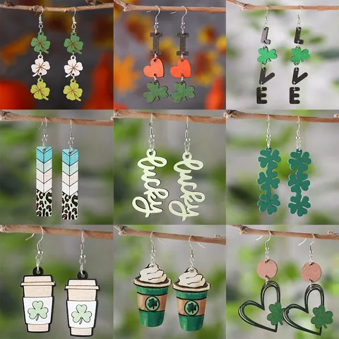 Holz Edelstahl St. Patrick's Day Kleeblatt Ohrhänger Für Damen Grün Herz Kaffeetasse Bedruckt Leicht Schmuck Geschenk