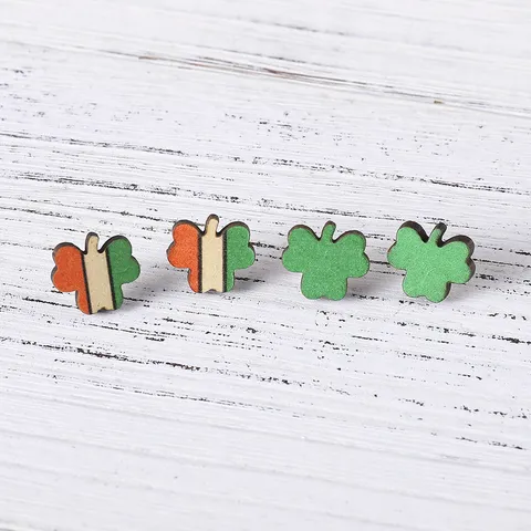 Pendientes de Botón de Madera de Trébol de San Patricio para Mujer Acero Inoxidable Bandera Irlandesa Joyería de Madera