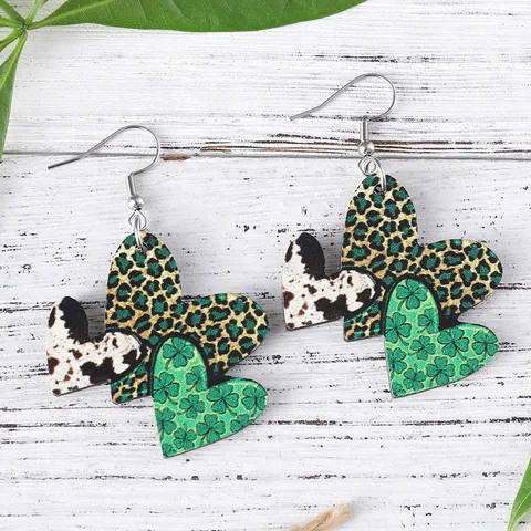 St Patrick's Day Holz Ohrringe Für Damen Edelstahl Kleeblatt Herz Regenbogen Leopardenmuster Lucky Dangle Ohrringe Schmuck