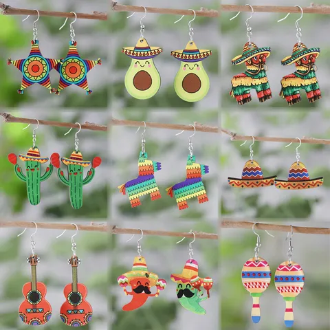 Mexikanische Cinco De Mayo Holzohrringe Damen Niedlich Kaktus Gitarre Esel Sombrero Western Cowboy Schmuck