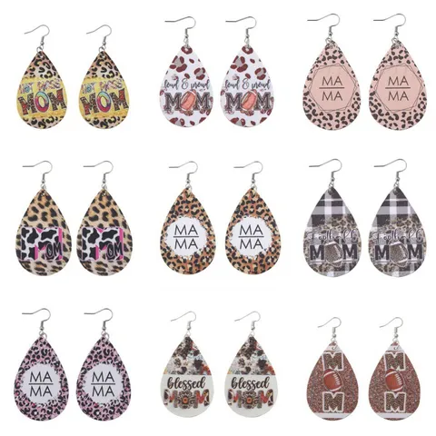 Muttertag Holz PU Leder Tränenohrringe Football Mom MAMA Blessed Leopardenmuster Hängeohrringe Für Damen Mode Schmuck