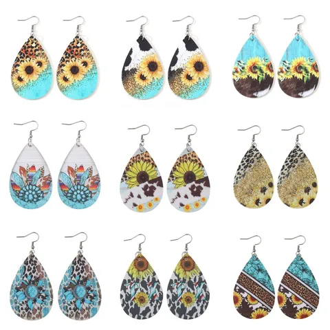 Western Stil Leopard Kuh Muster PU Leder Ohrringe Edelstahl Haken Doppelseitig Sonnenblume Türkis Tropfen Ohrringe Für Damen