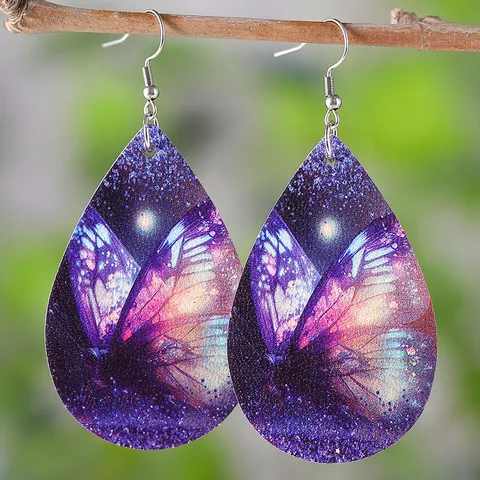 Westlicher Stil Doppelseitiges PU-Leder Schmetterling Gänseblümchen Blume Hängeohrringe Für Damen Sommer Mode Bedruckte Wassertropfen Ohrringe
