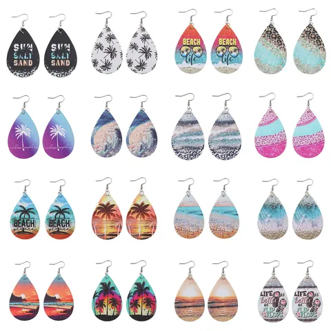 Hawaii Resort Stil Strand Kokosnussbaum Sonnenuntergang Ohrhänger Doppelseitige PU Leder Tropfen Ohrringe Für Damen Schmuck Geschenk