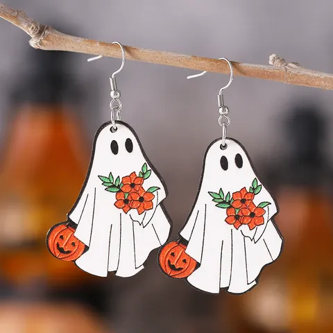 Halloween Holz Ohrringe Für Damen Doppelseitig Bedruckt Geist Kürbis Hexenhut Fledermaus Edelstahl Stift Tropfen Ohrhänger Feiertag Party Schmuck Geschenk