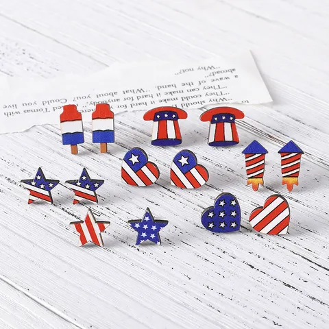Amerikanische Unabhängigkeitstag Holz Ohrstecker Für Damen Rot Weiß Blau Stars Stripes Flagge Herz Stern Hut Eisrakete Schmuck Geschenk