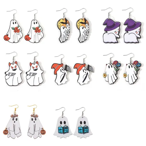 Halloween Holz Ohrringe Für Damen Doppelseitig Bedruckt Geist Kürbis Hexenhut Fledermaus Edelstahl Stift Tropfen Ohrhänger Feiertag Party Schmuck Geschenk
