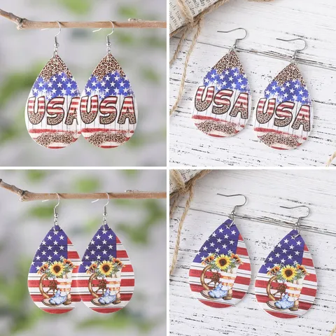 USA Independence Day PU Leather Teardrop Earrings Star Stripes Leopard Sunflower Cowboy Boots Dangle Earrings For Women Fashion Jewelry