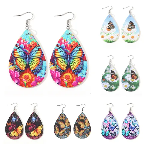 Westlicher Stil Doppelseitiges PU-Leder Schmetterling Gänseblümchen Blume Hängeohrringe Für Damen Sommer Mode Bedruckte Wassertropfen Ohrringe