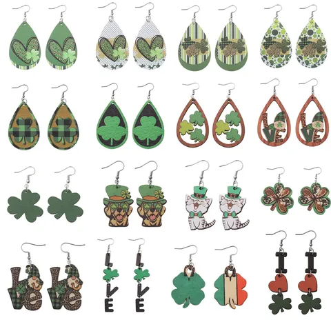 St. Patrick's Day Glückskleeblatt Ohrringe PU Leder Holz Geometrische Hänger Ohrringe Grün Irische Festliche Party Ohrringe Für Damen Schmuck