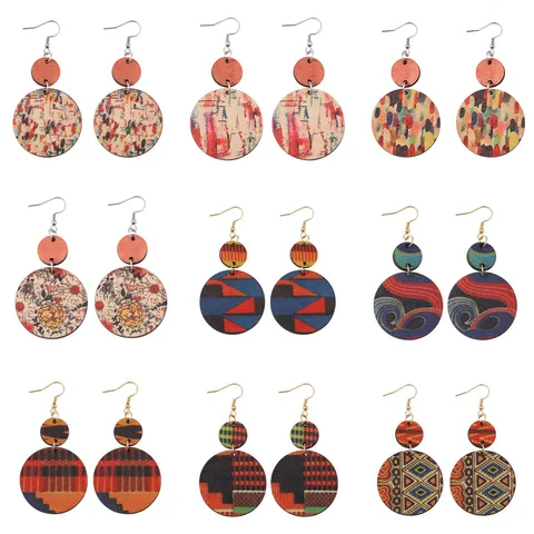 Boho Holz Ohrringe Für Damen Edelstahl Haken Handbemalt Geometrisch Kreis Künstlerisches Muster Retro Schmuck