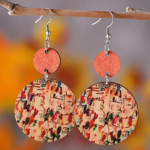 Boho Holz Ohrringe Für Damen Edelstahl Haken Handbemalt Geometrisch Kreis Künstlerisches Muster Retro Schmuck